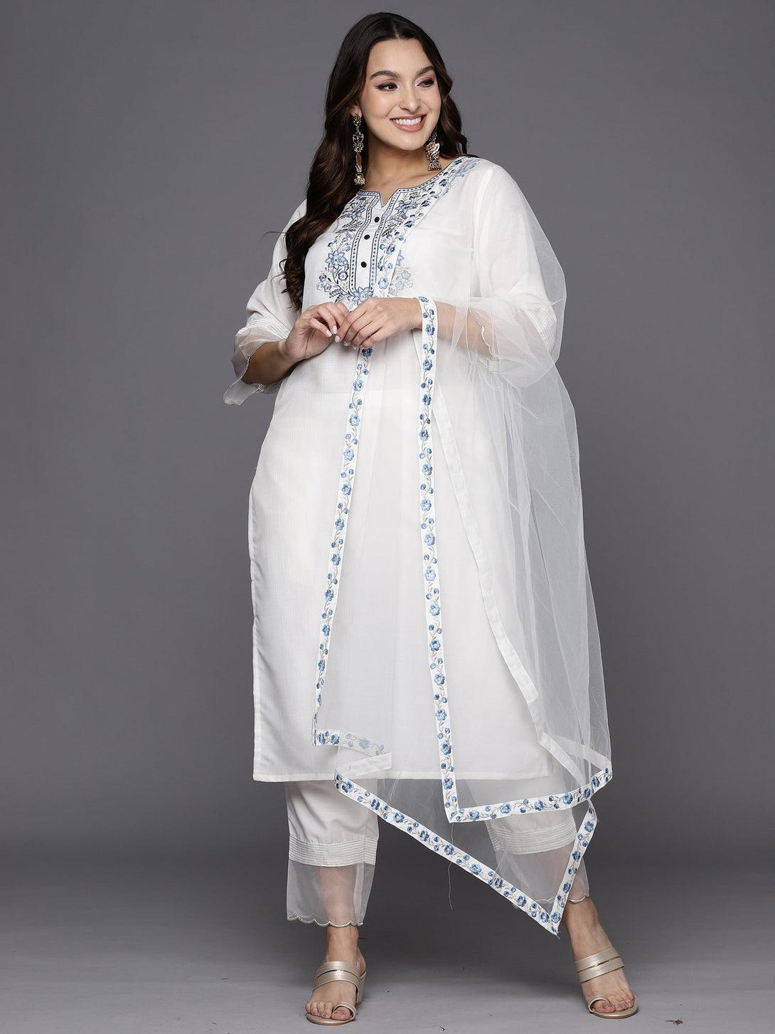 Women's White Embroidered Straight Kurta Trousers With Dupatta Set - Indo Era