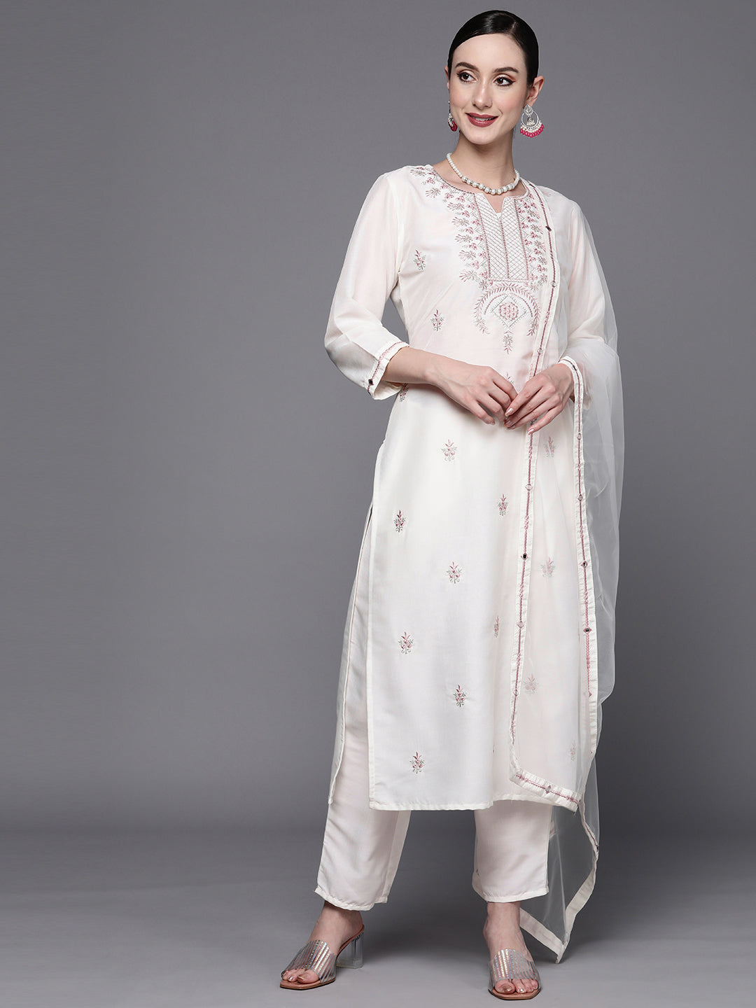 Women's White Embroidered Straight Kurta Trousers With Dupatta Set - Indo Era