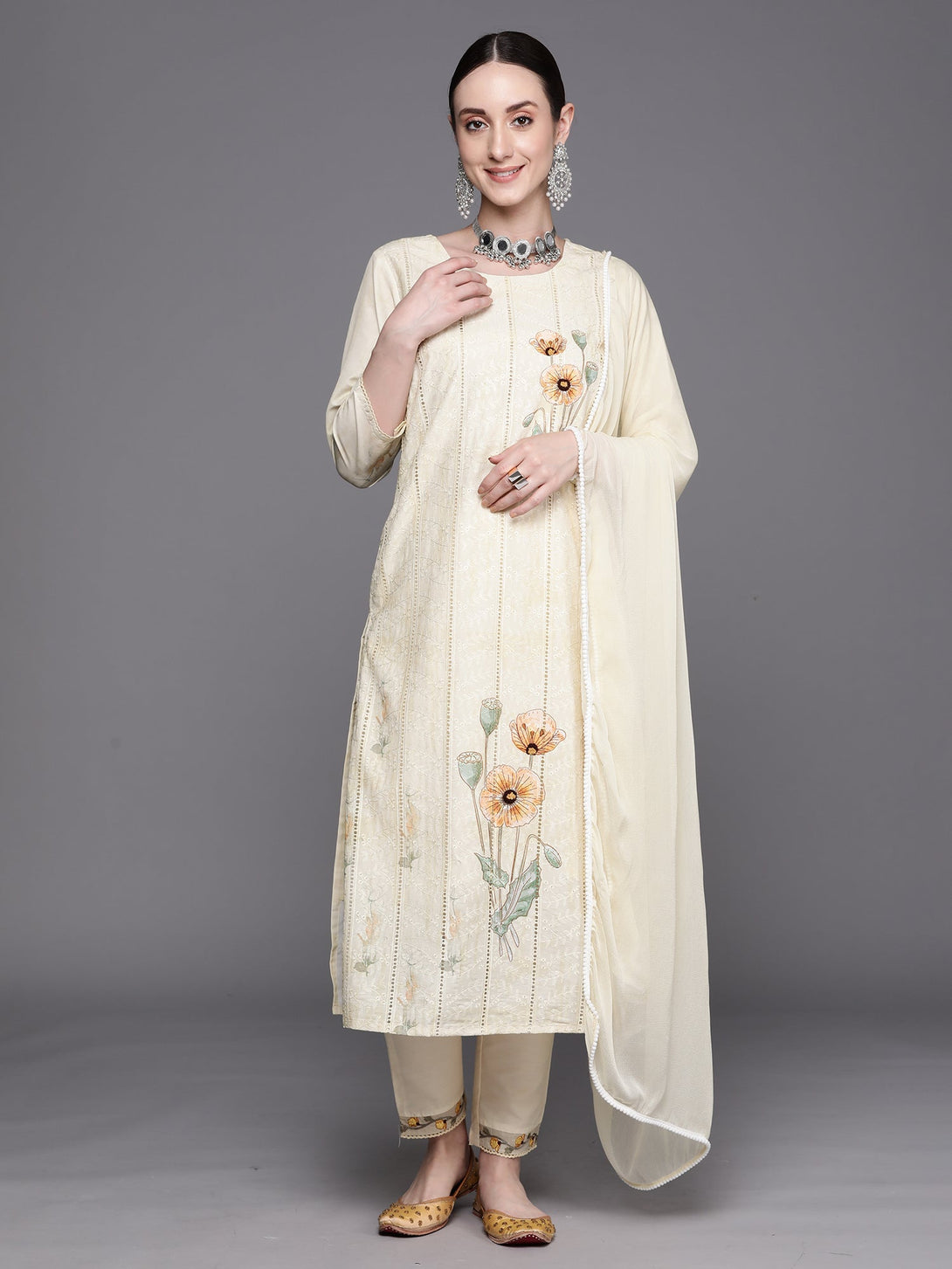 Women's Yellow Embroidered Straight Kurta Trousers With Dupatta Set - Indo Era