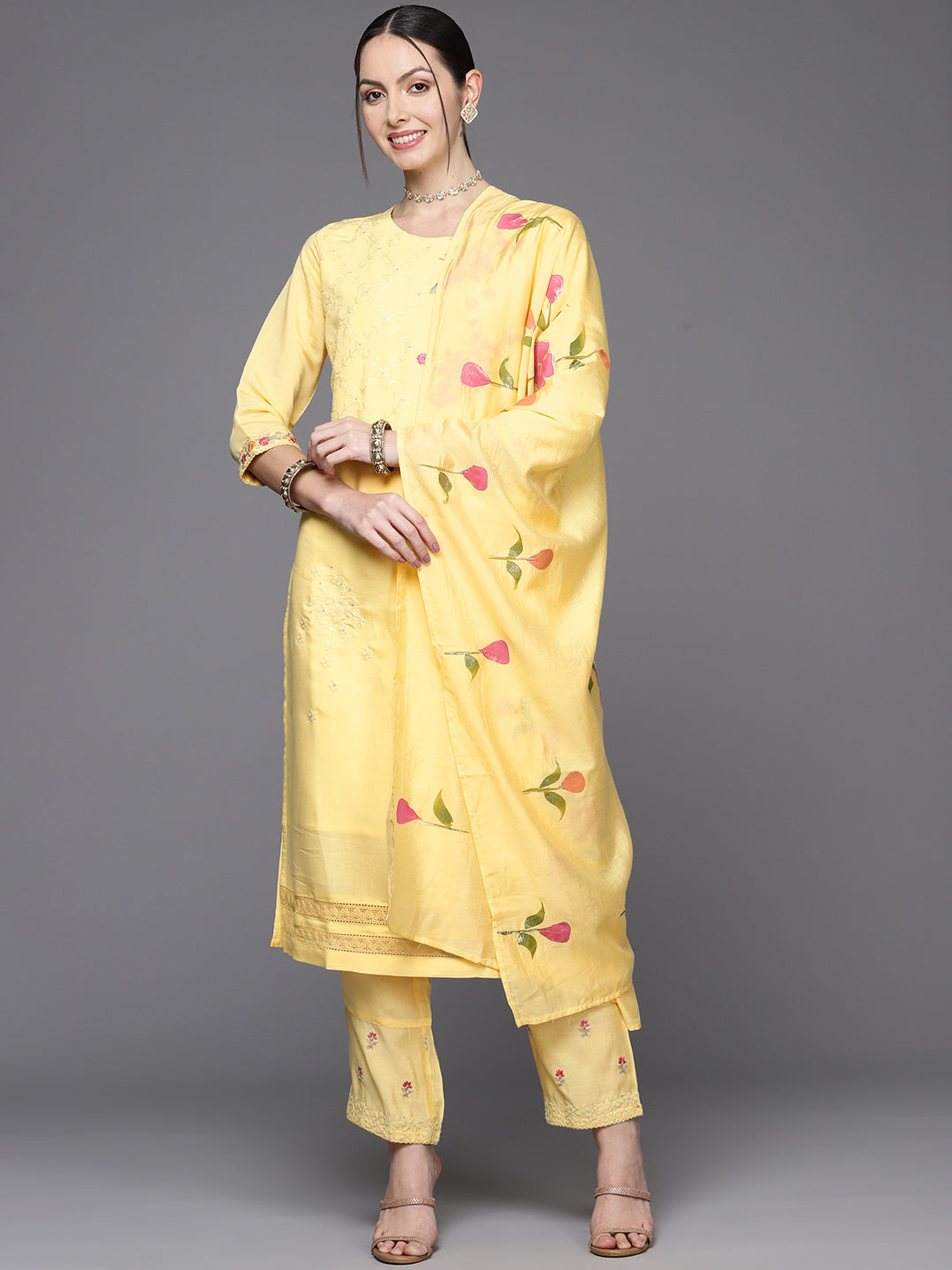 Women's Yellow Embroidered Straight Kurta Trousers With Dupatta Set - Indo Era