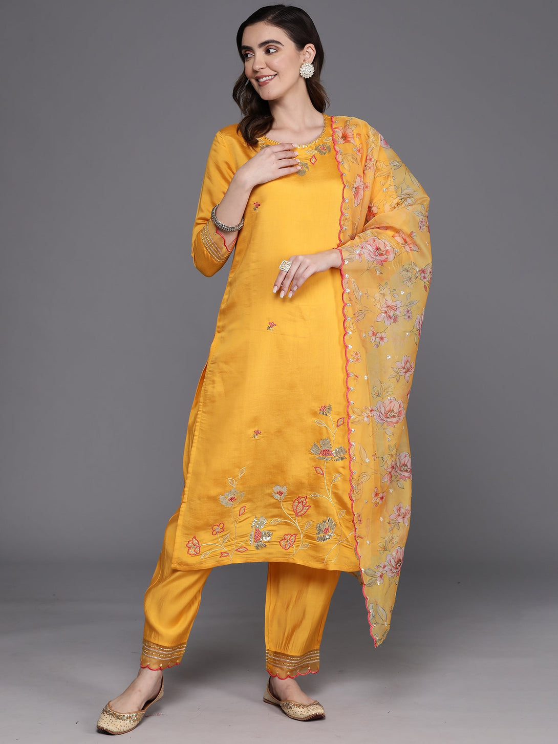 Women's Yellow Embroidered Straight Kurta Trousers With Dupatta Set - Indo Era