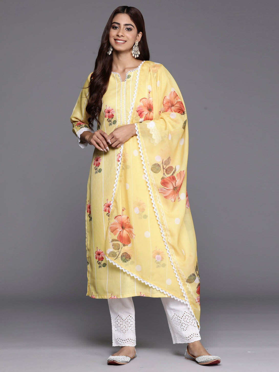 Women's Yellow Printed Straight Kurta Trousers With Dupatta Set - Indo Era