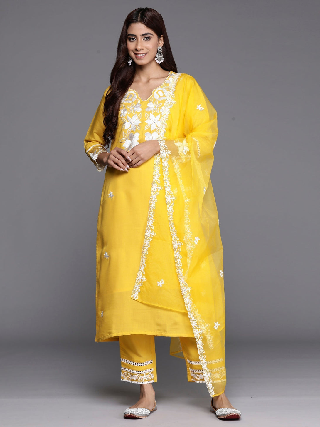 Women's Yellow Embroidered Straight Kurta Trousers With Dupatta Set - Indo Era