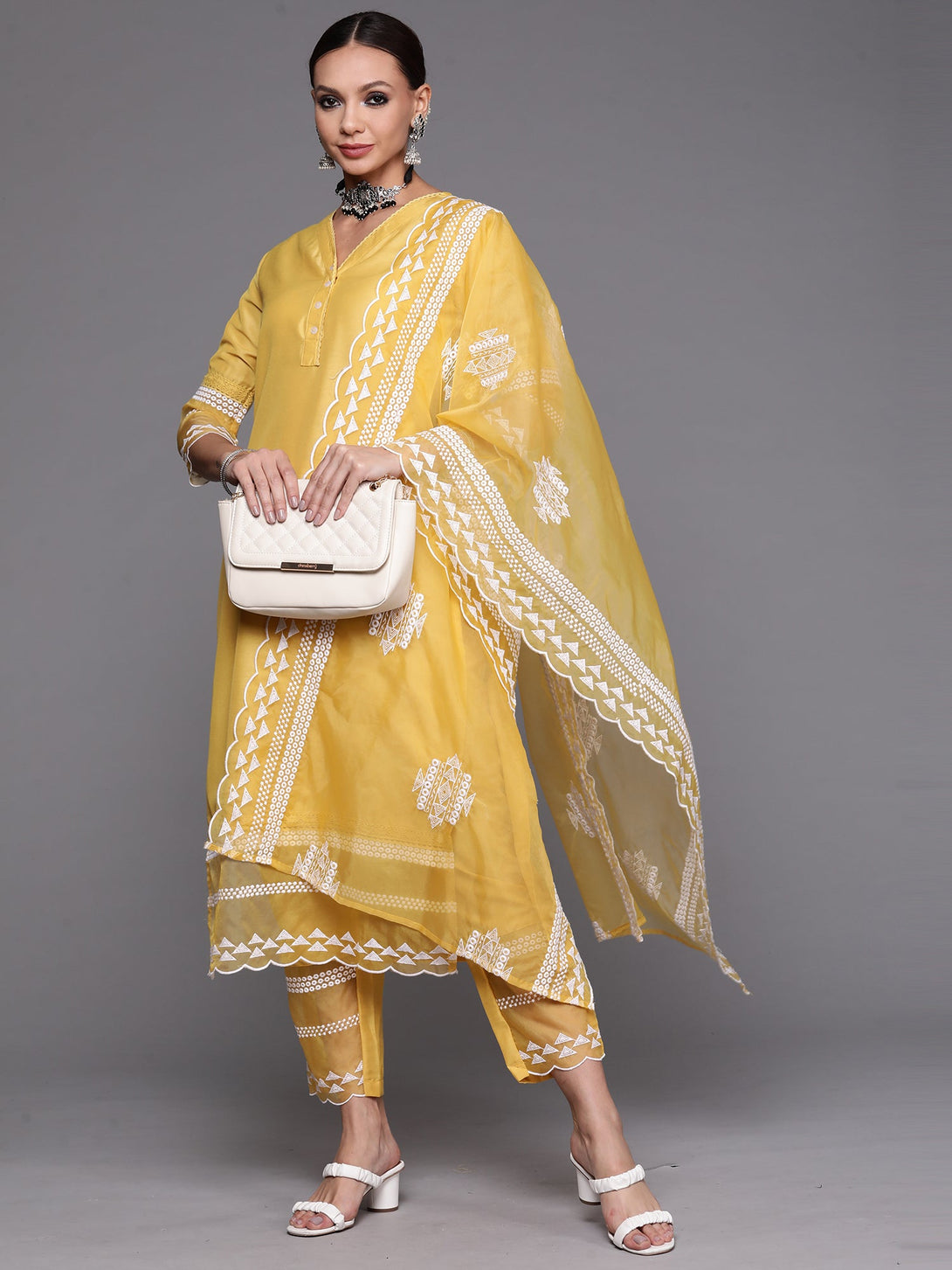 Women's Yellow Embroidered Straight Kurta Trouser With Dupatta Set - Indo Era