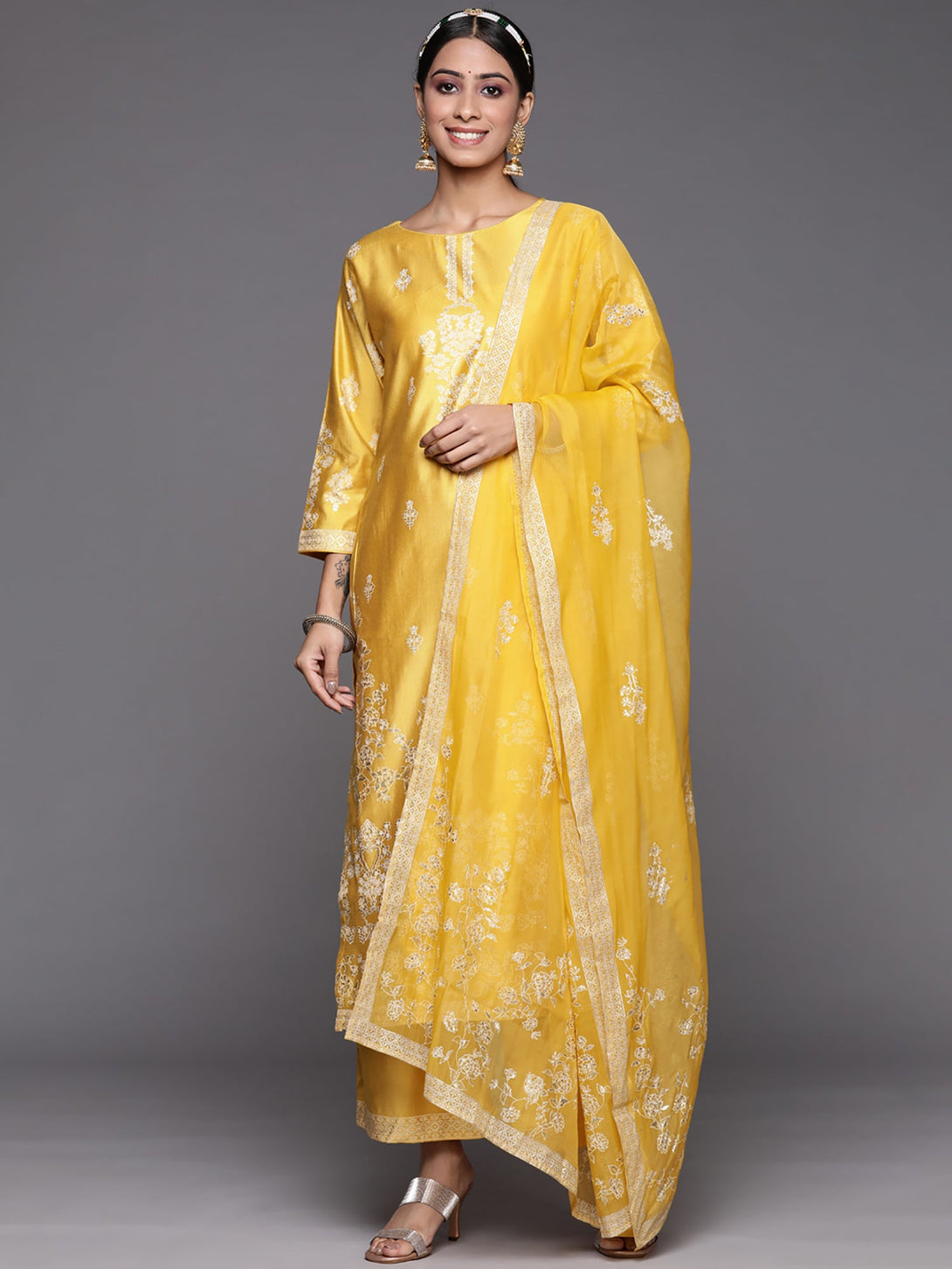 Women's Yellow Printed Straight Kurta Trousers With Dupatta Set - Indo Era