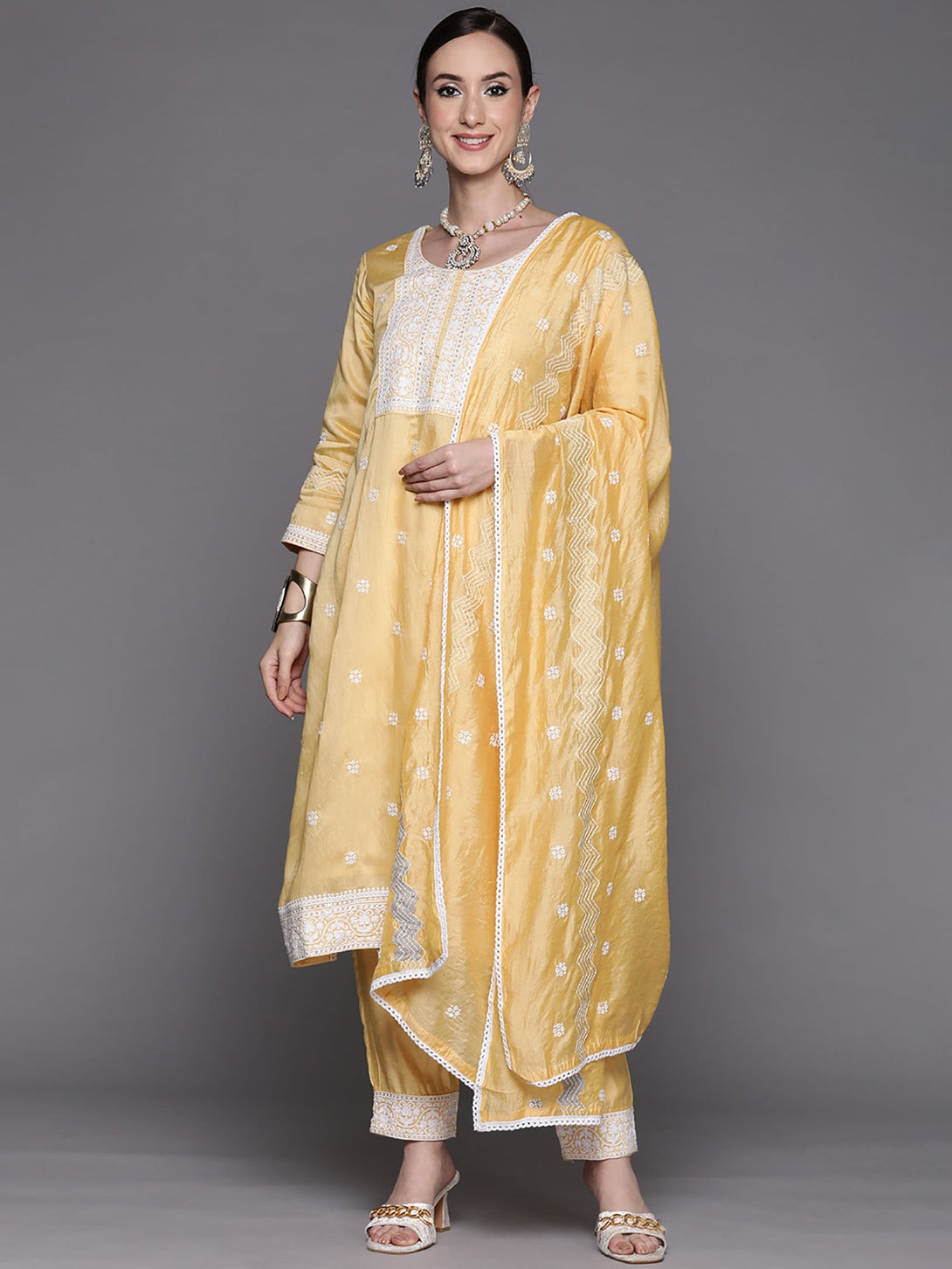 Women's Yellow Embroidered Straight Kurta Trousers With Dupatta Set - Indo Era