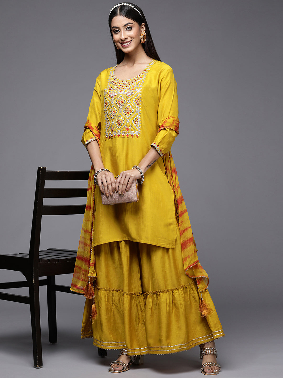 Women's Yellow Embroidered Straight Kurta Sharara With Dupatta Set - Indo Era