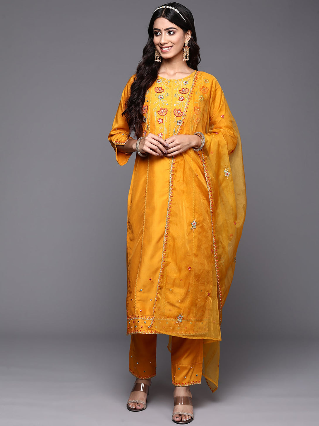 Women's Yellow Embroidered Straight Kurta Trousers With Dupatta Set - Indo Era