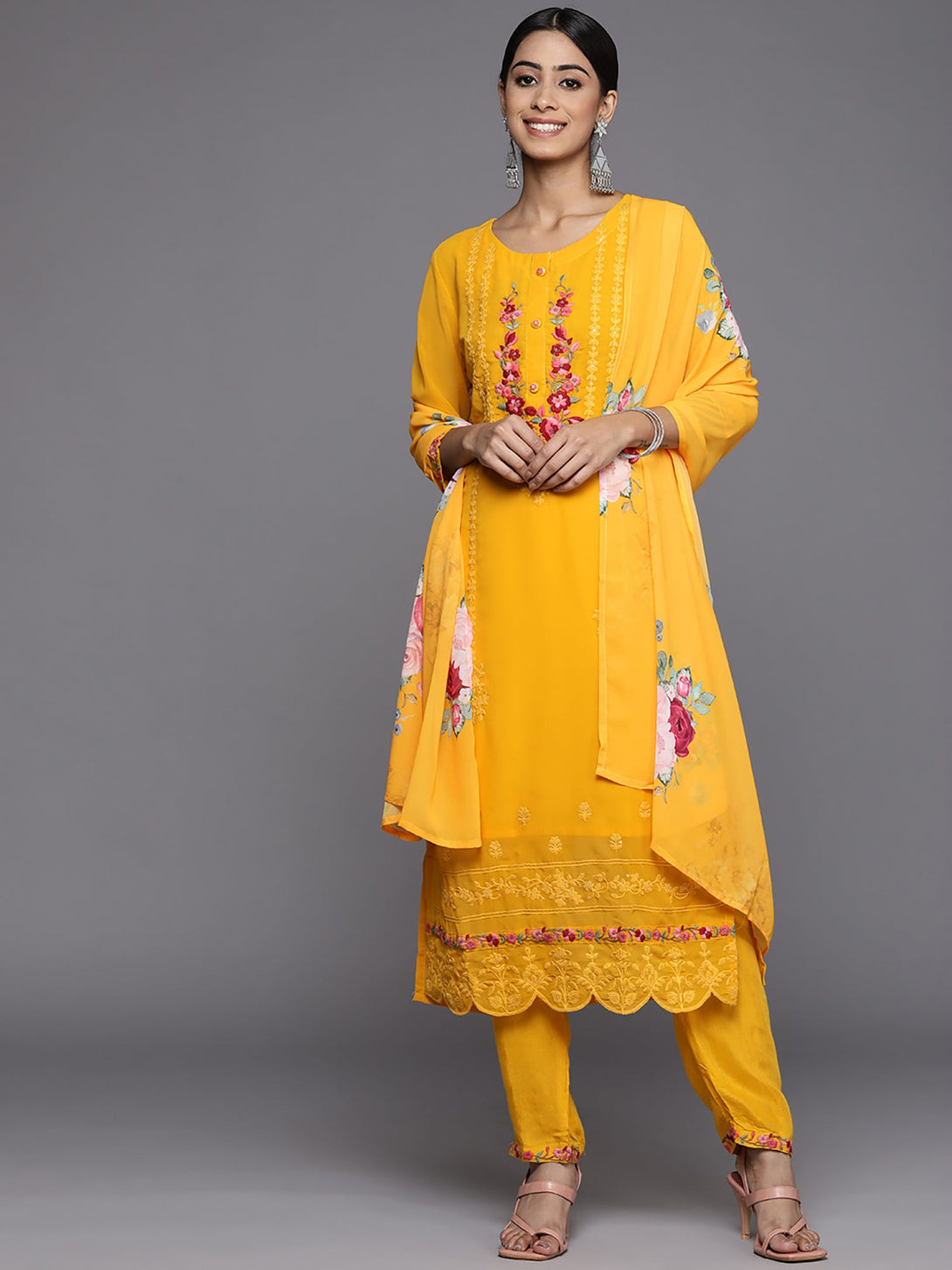 Women's Yellow Embroidered Straight Kurta Trousers With Dupatta Set - Indo Era