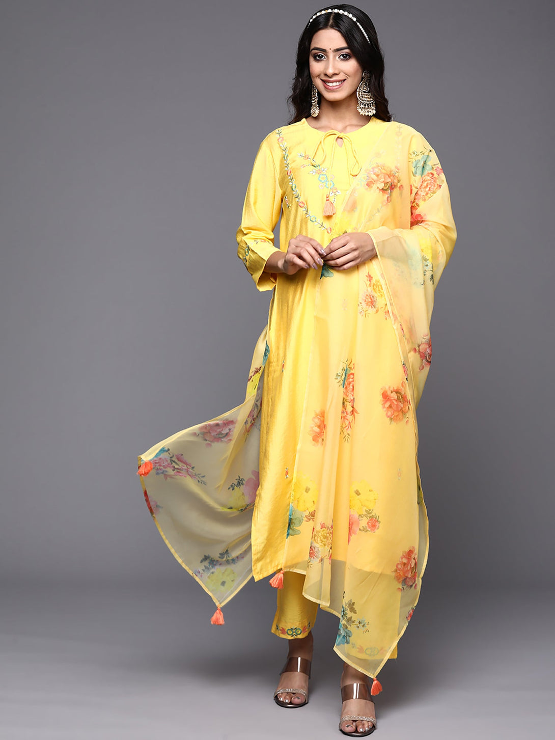 Women's Yellow Embroidered Straight Kurta Trousers With Dupatta Set - Indo Era