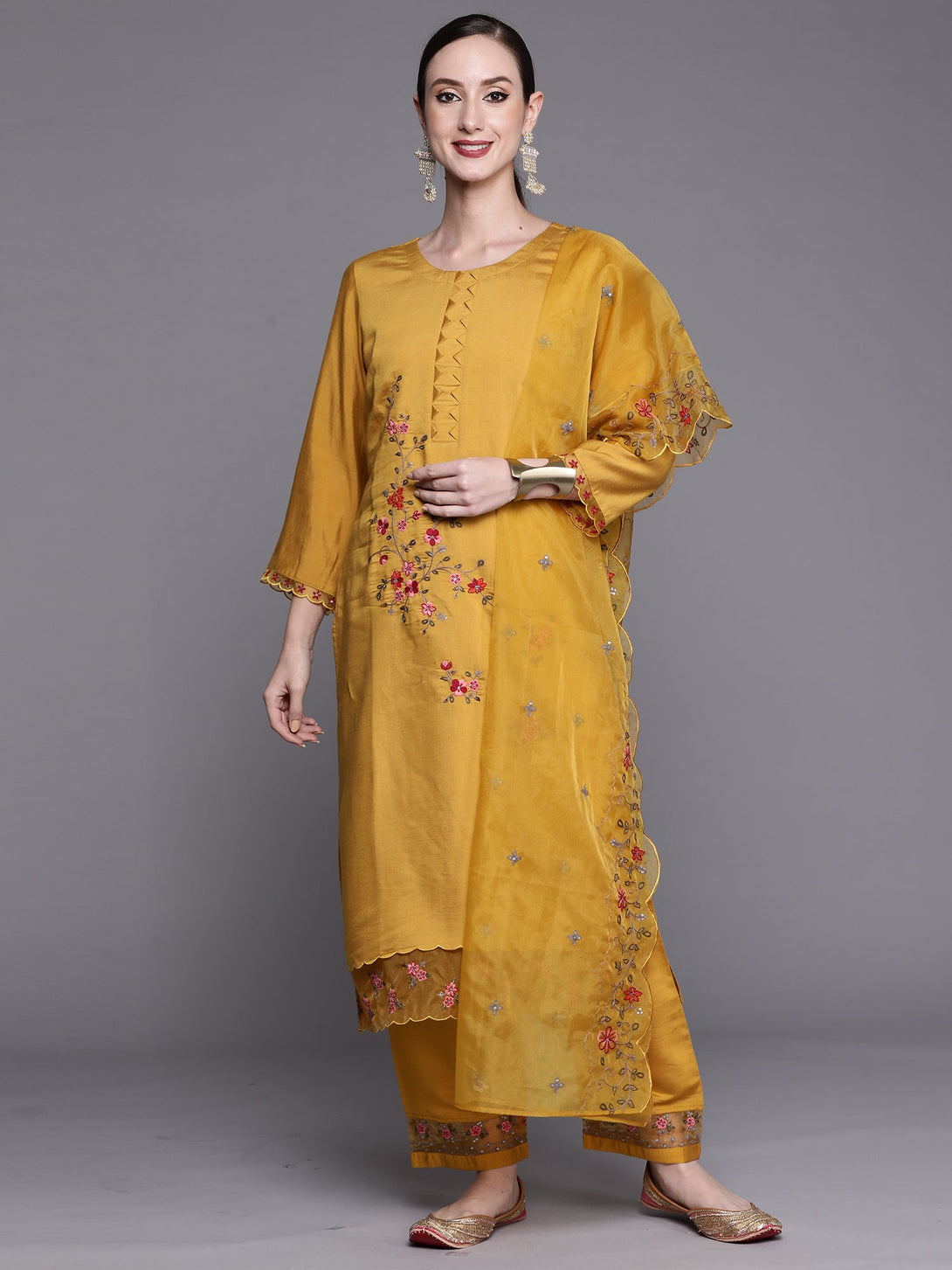 Women's Yellow Embroidered Straight Kurta Trousers With Dupatta Set - Indo Era