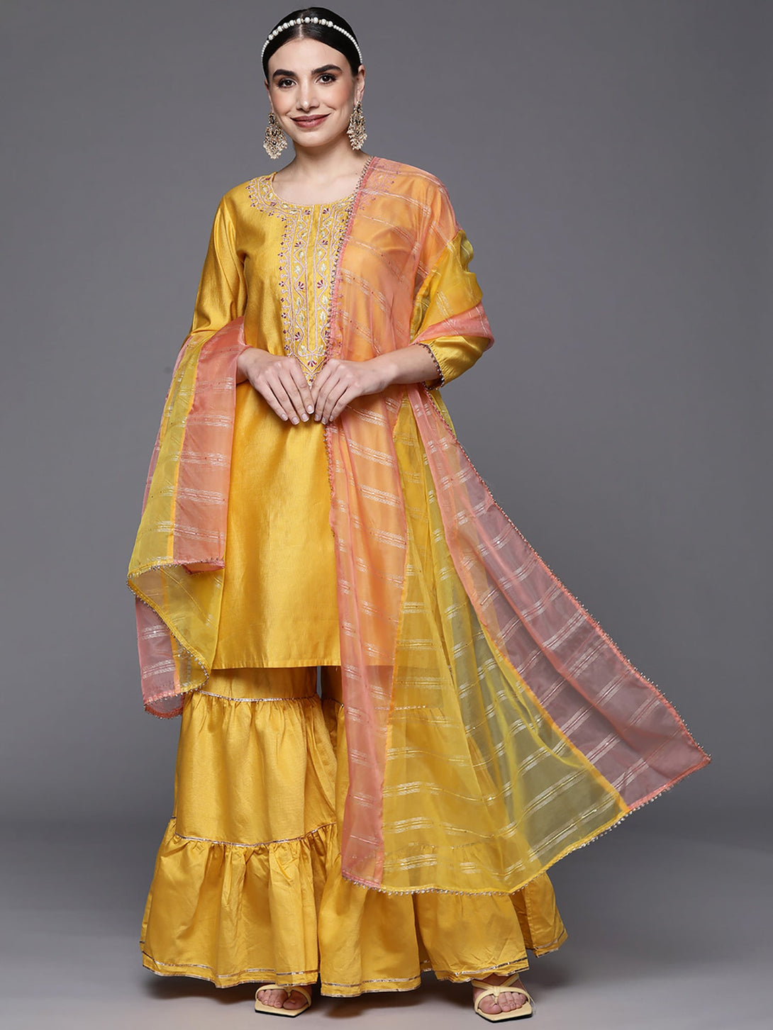 Women's Yellow Embroidered Straight Kurta Sharara With Dupatta Set - Indo Era