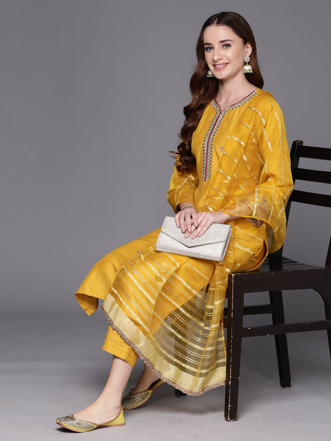 Women's Yellow Embroidered Straight Kurta Trousers With Dupatta Set - Indo Era