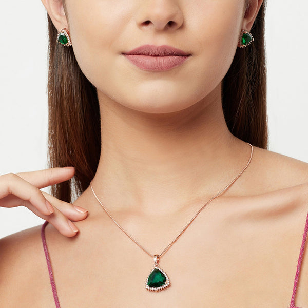 Women's Brass Rose Gold Dark Green Gemstone Traditional And Classic Pendant Sets - Voylla