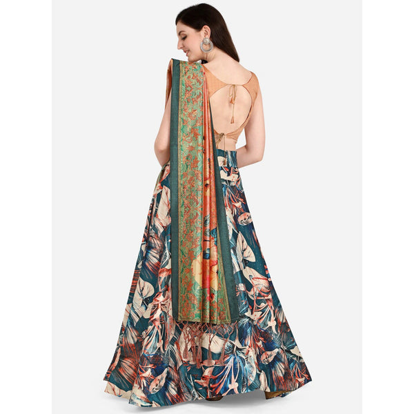 Women's Digital Print Shiney Satin Semistitched Lehenga Choli With Unstitched Blouse And Thred Work Dupatta - Kaizen Texo Fab