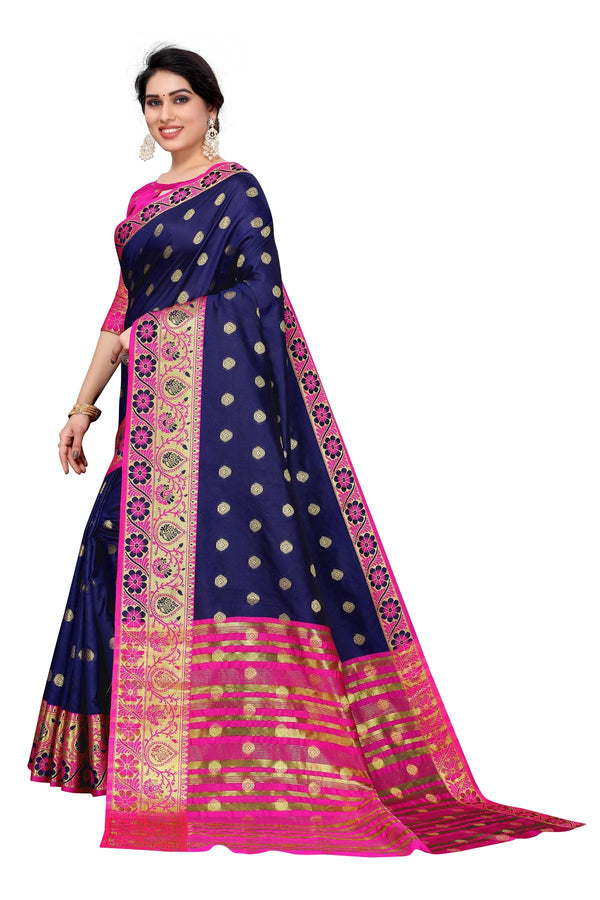 Women's Cotton Rich Silk With Jacquard Weaving Navy Blue Saree - Vamika