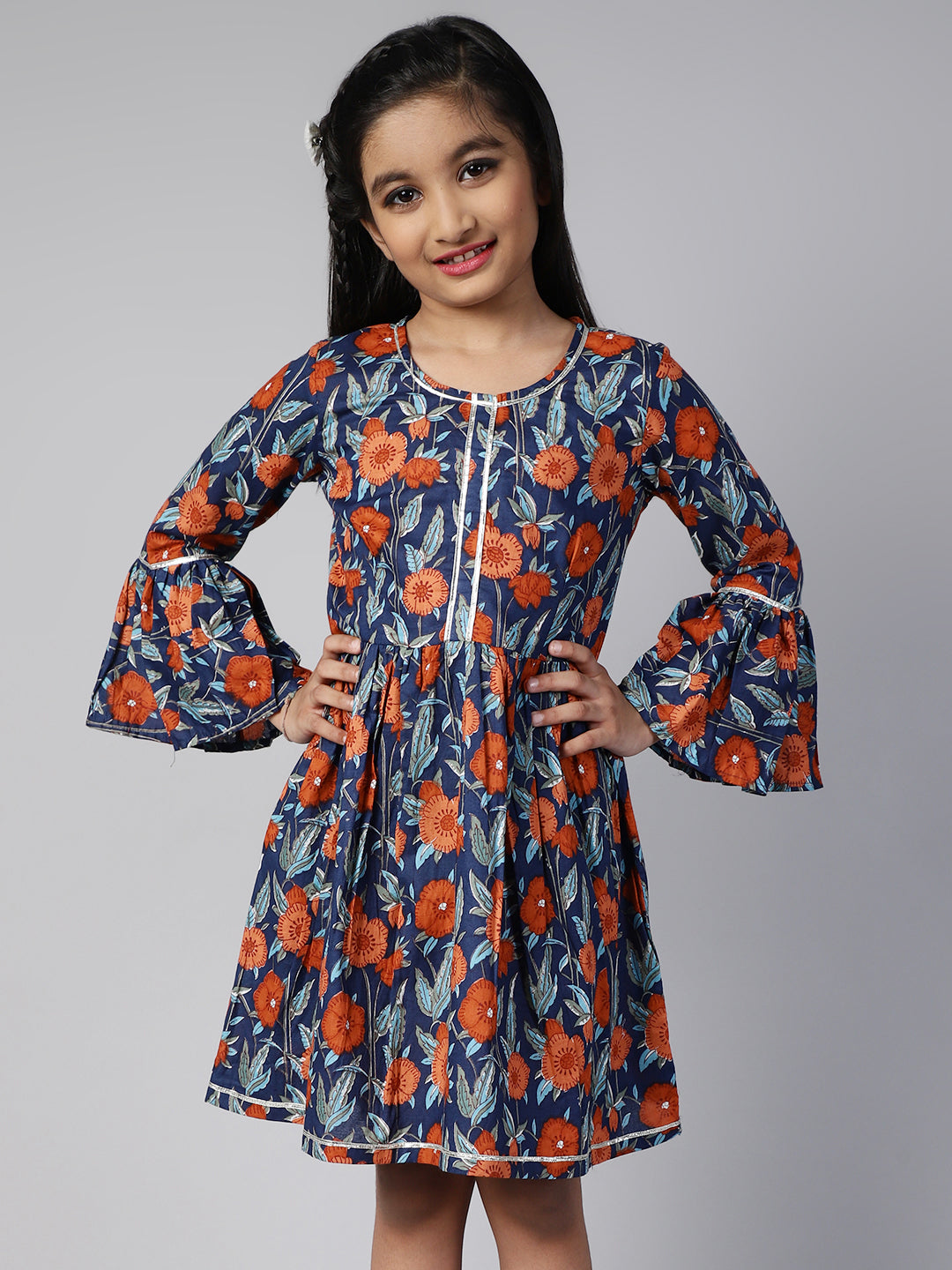 Cotton Floral Printed Above Knee A-Line Dress For Girls - Aks Girls