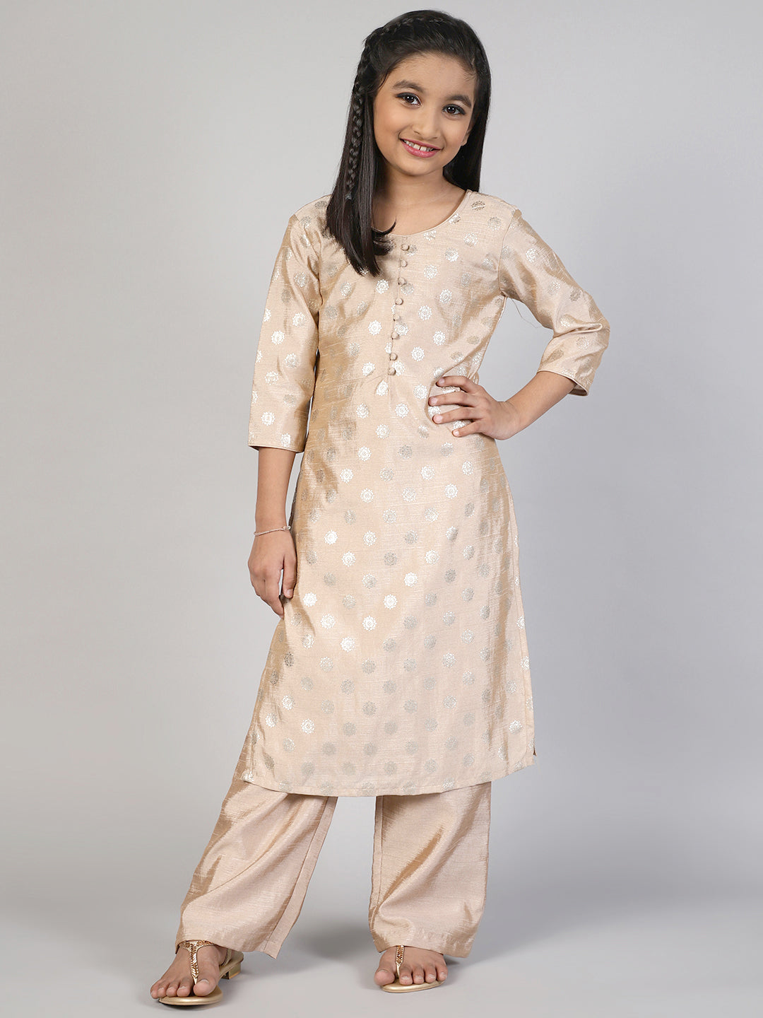 Silk Ethnic Motifs Printed Straight Kurta & Palazzo Set For Girls - Aks Girls