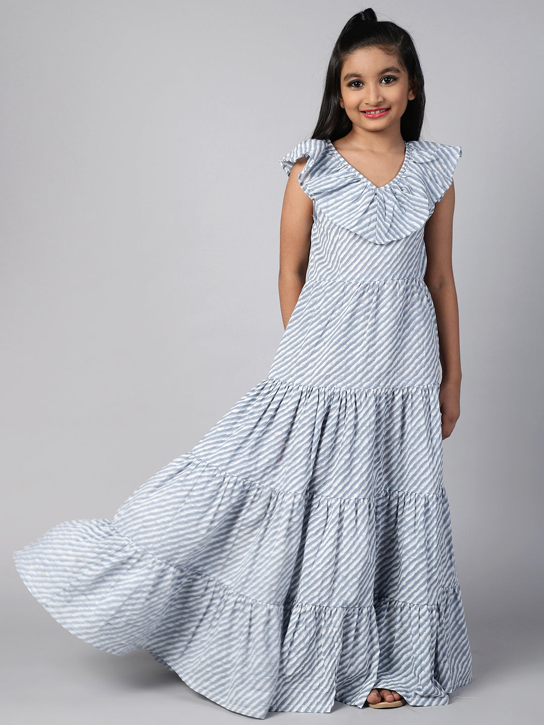 Cotton Leheriya Printed Maxi Tiered Dress For Girls - Aks Girls