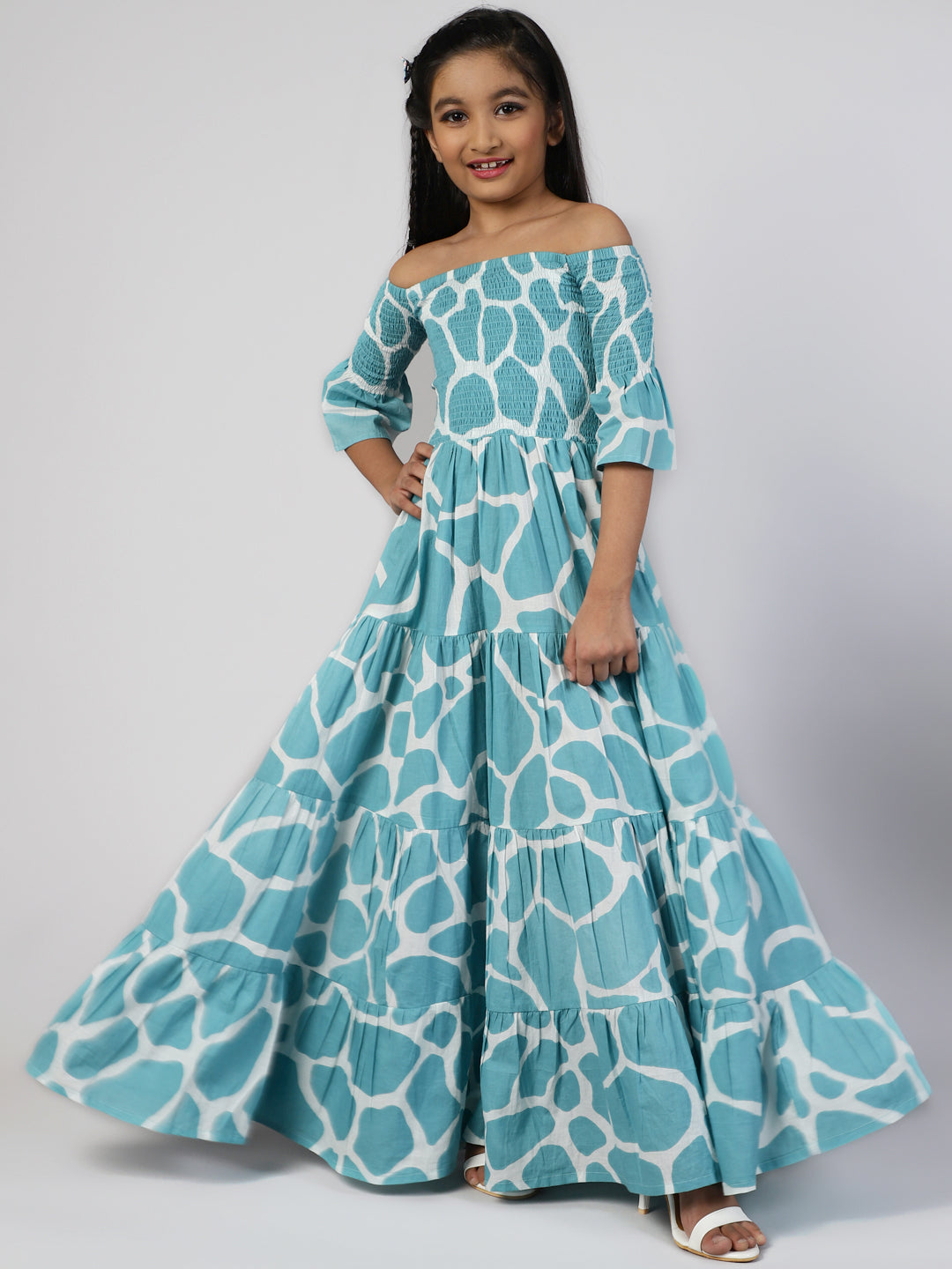 Cotton Animal Printed Maxi Fit And Flare Dress For Girls - Aks Girls