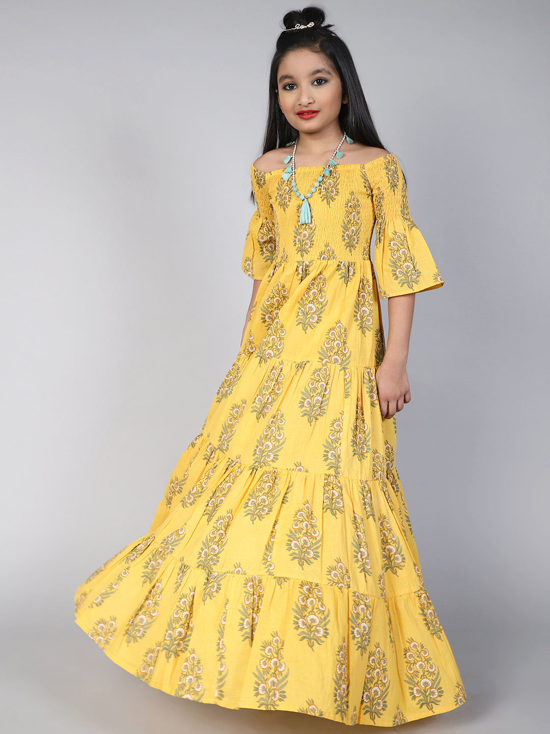 Cotton Floral Printed Maxi Fit And Flare Dress For Girls - Aks Girls