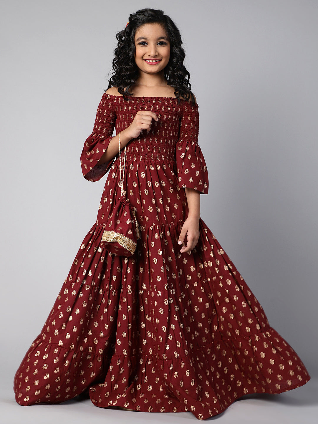 Cotton Ethnic Motifs Printed Maxi Tiered Dress For Girls - Aks Girls