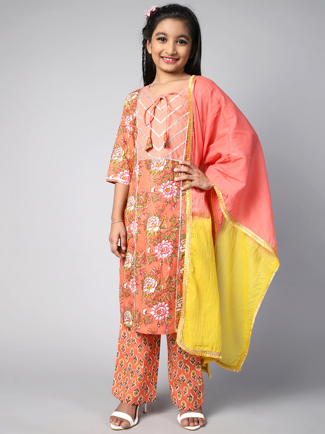 Cotton Blend Floral Printed Straight Kurta & Palazzo Set For Girls With Dupatta - Aks Girls