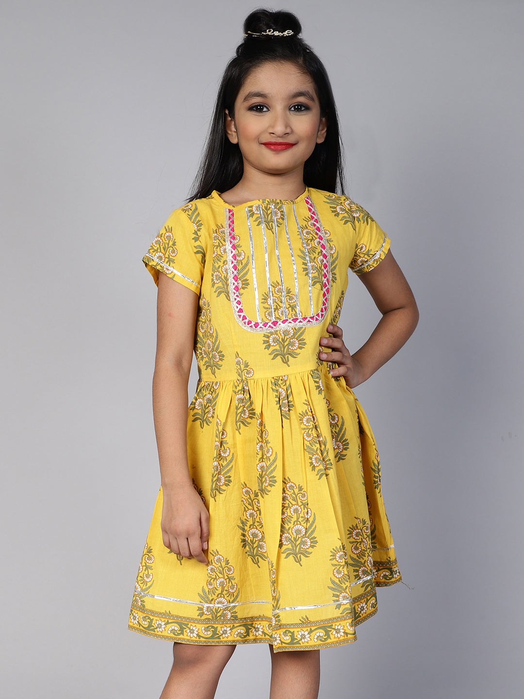 Cotton Floral Printed Above Knee A-Line Dress For Girls - Aks Girls