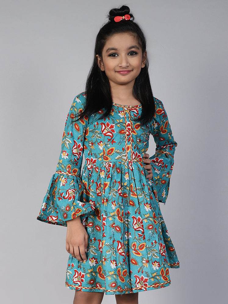 Cotton Floral Printed Above Knee A-Line Dress For Girls - Aks Girls