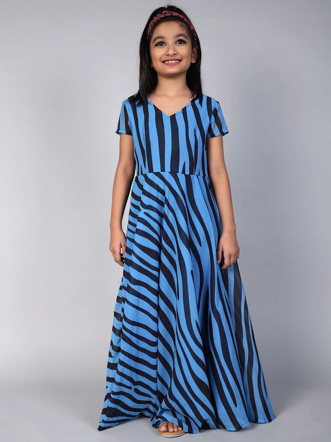 Georgette Striped Maxi Fit And Flare Dress For Girls - Aks Girls