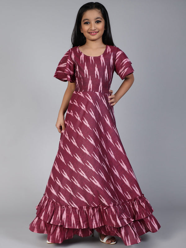 Girl's Burgundy Ikat Designed Flared Dress - Aks Girls