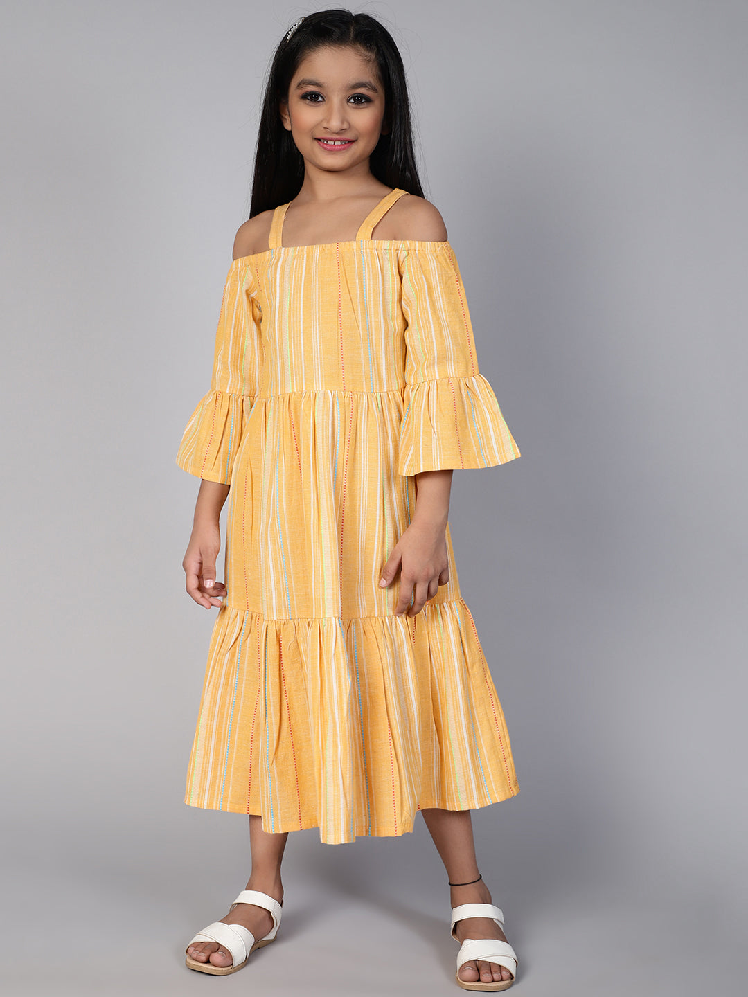 Cotton Striped Calf Length Tiered Dress For Girls - Aks Girls