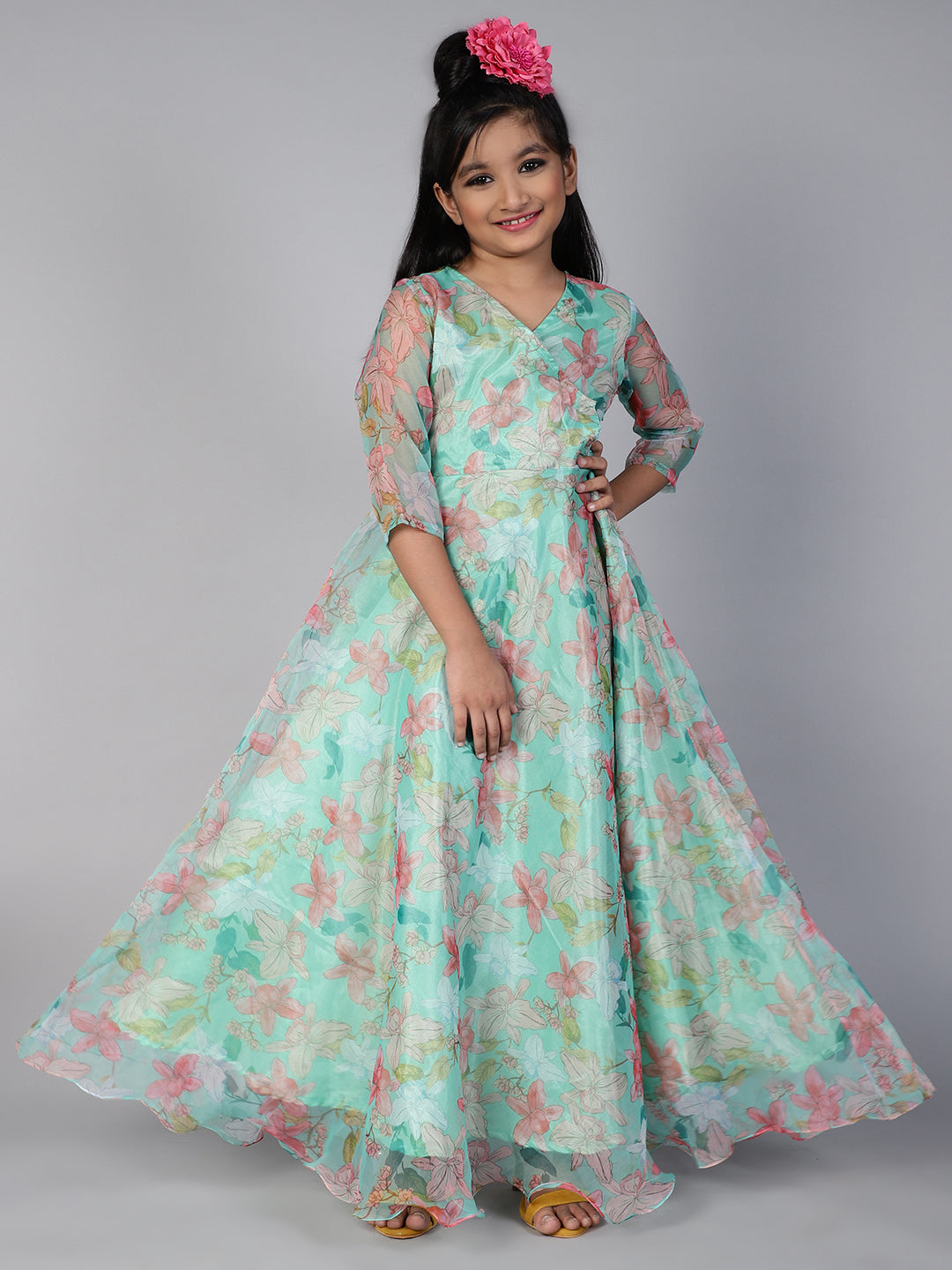 Organza Floral Printed Maxi Fit And Flare Dress For Girls - Aks Girls