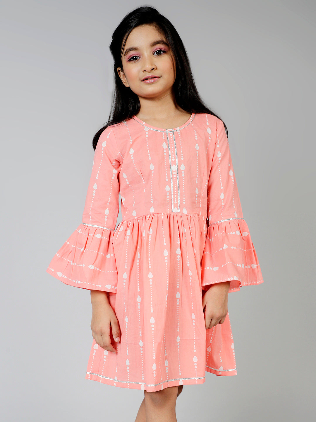 Cotton Ethnic Motifs Printed Above Knee A-Line Dress For Girls - Aks Girls