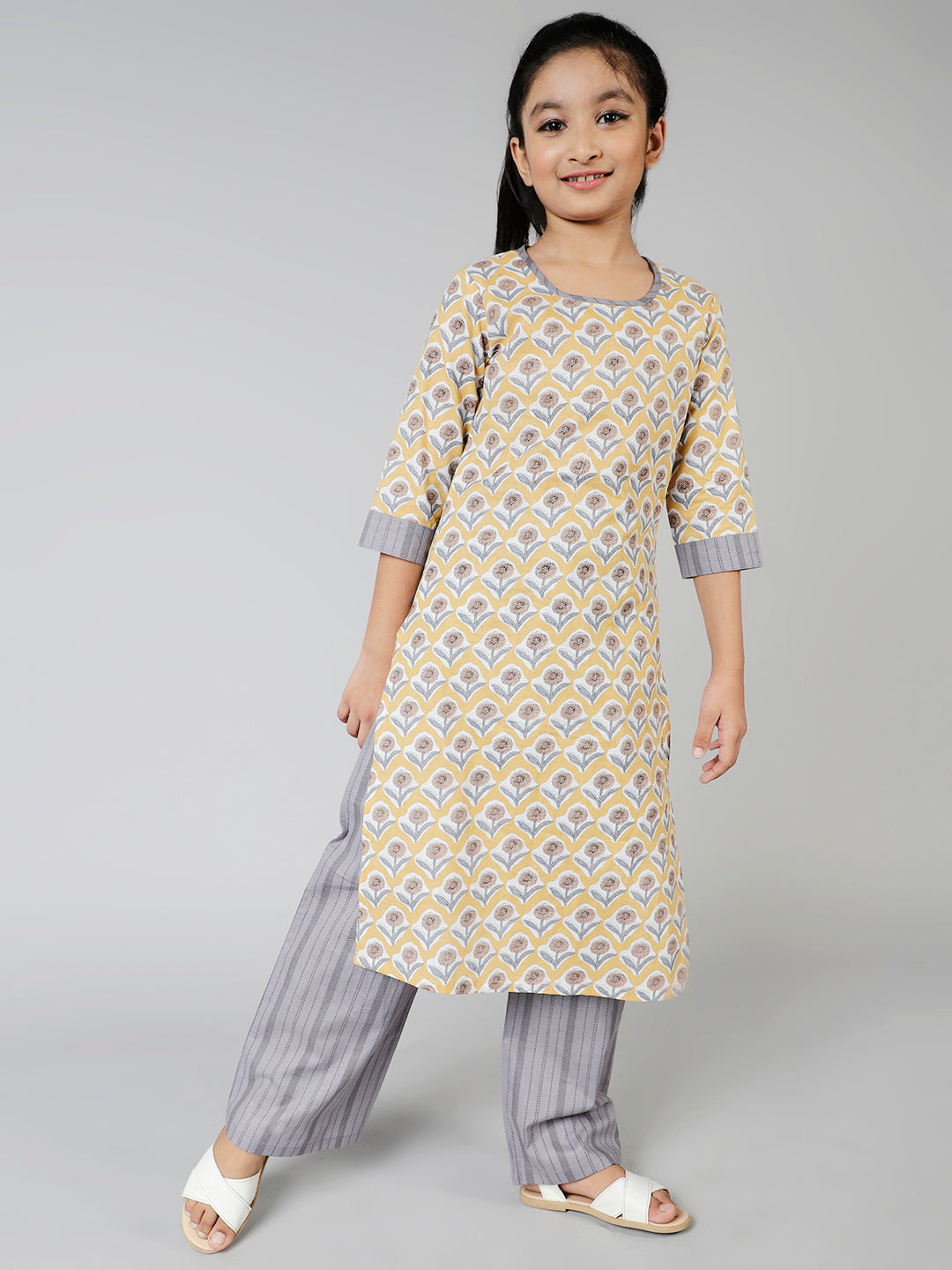 Cotton Floral Printed Straight Kurta & Palazzo Set For Girls - Aks Girls