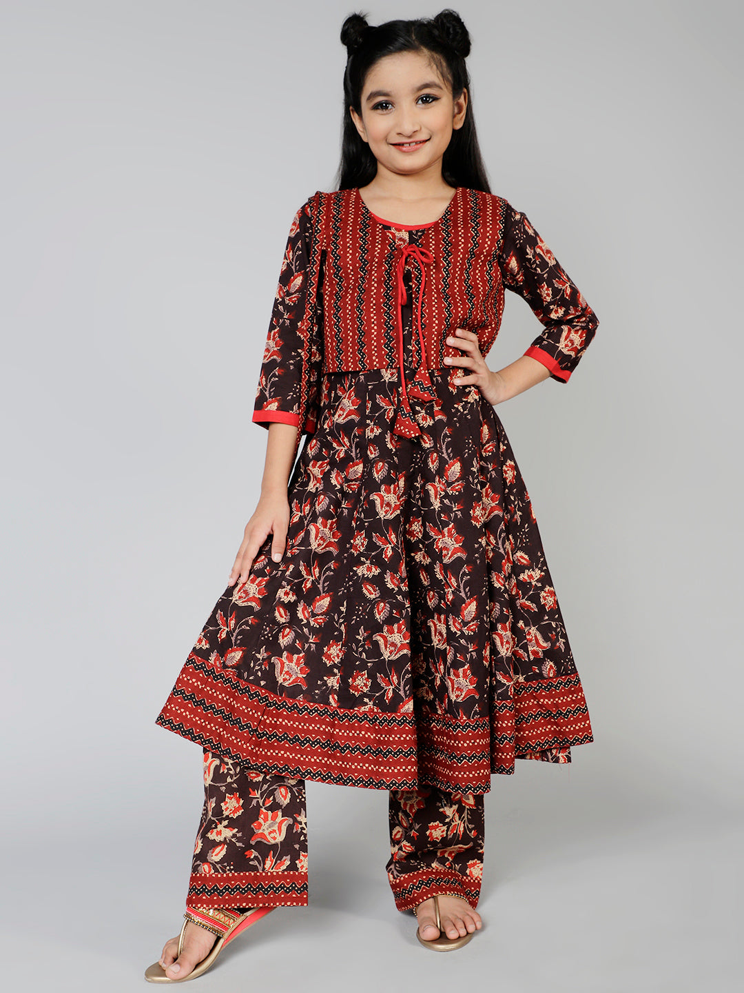 Cotton Floral Printed Anarkali Kurta & Palazzo Set For Girls - Aks Girls