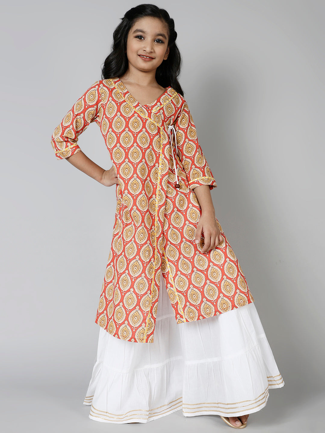 Cotton Ethnic Motifs Printed A-Line Kurta & Skirt Set For Girls - Aks Girls