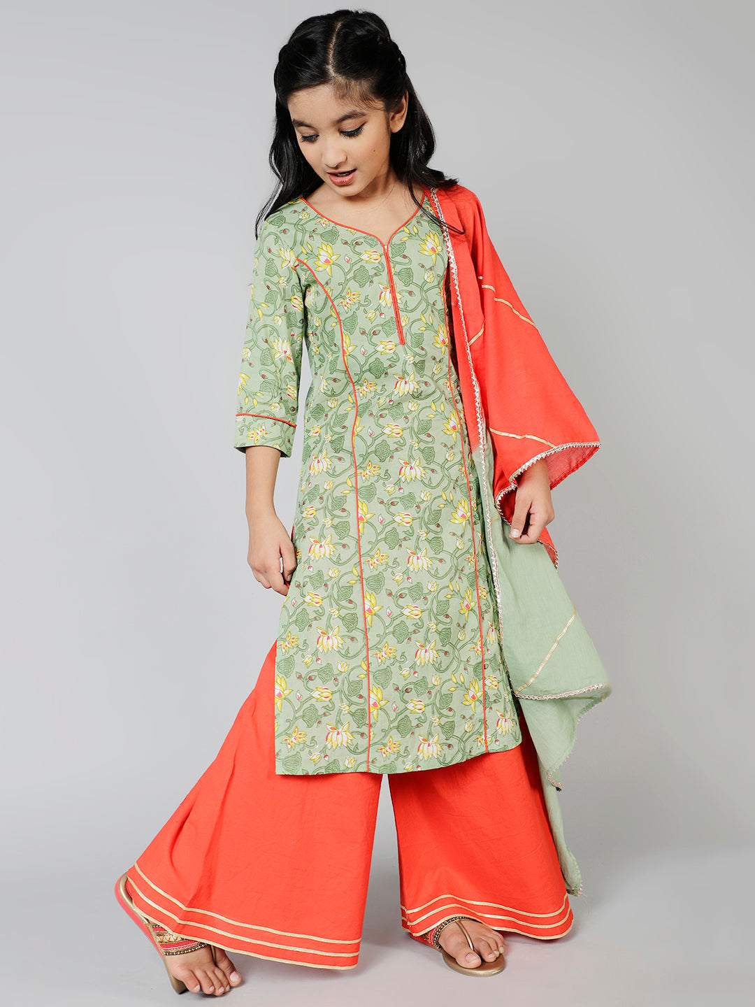 Cotton Floral Printed Straight Kurta & Palazzo Set For Girls With Dupatta - Aks Girls