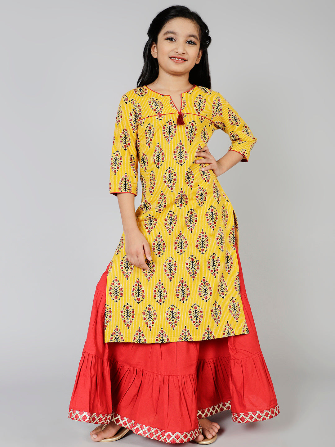 Cotton Floral Printed Straight Kurta & Skirt Set For Girls - Aks Girls