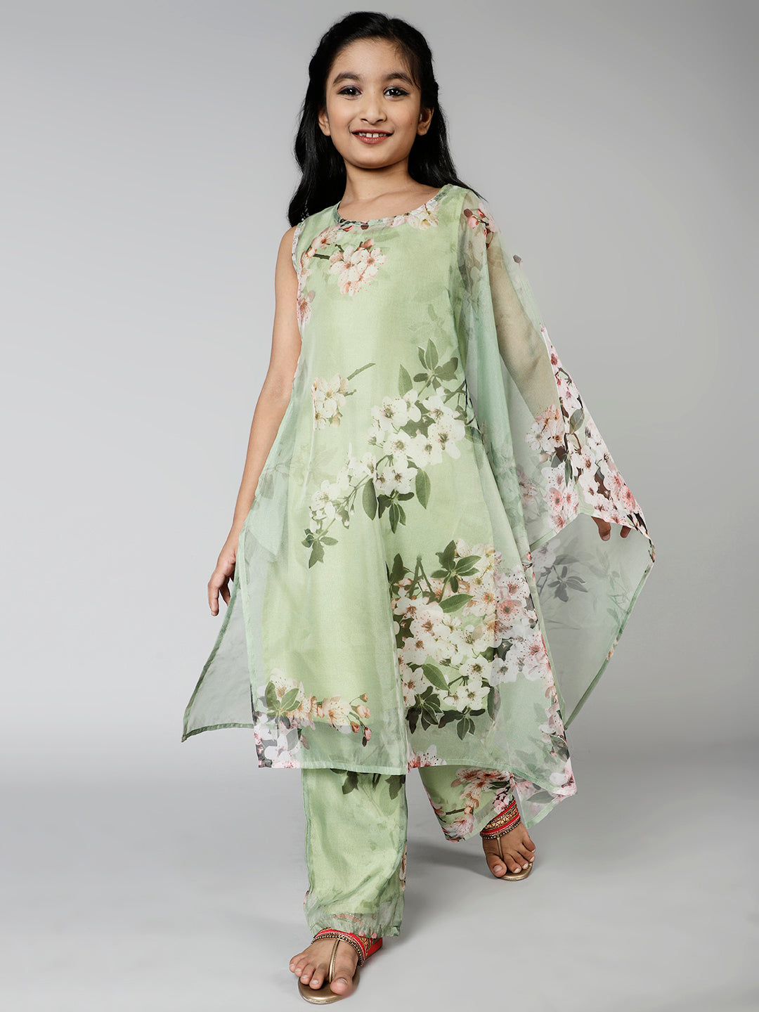 Organza Floral Printed Straight Kurta & Palazzo Set For Girls - Aks Girls