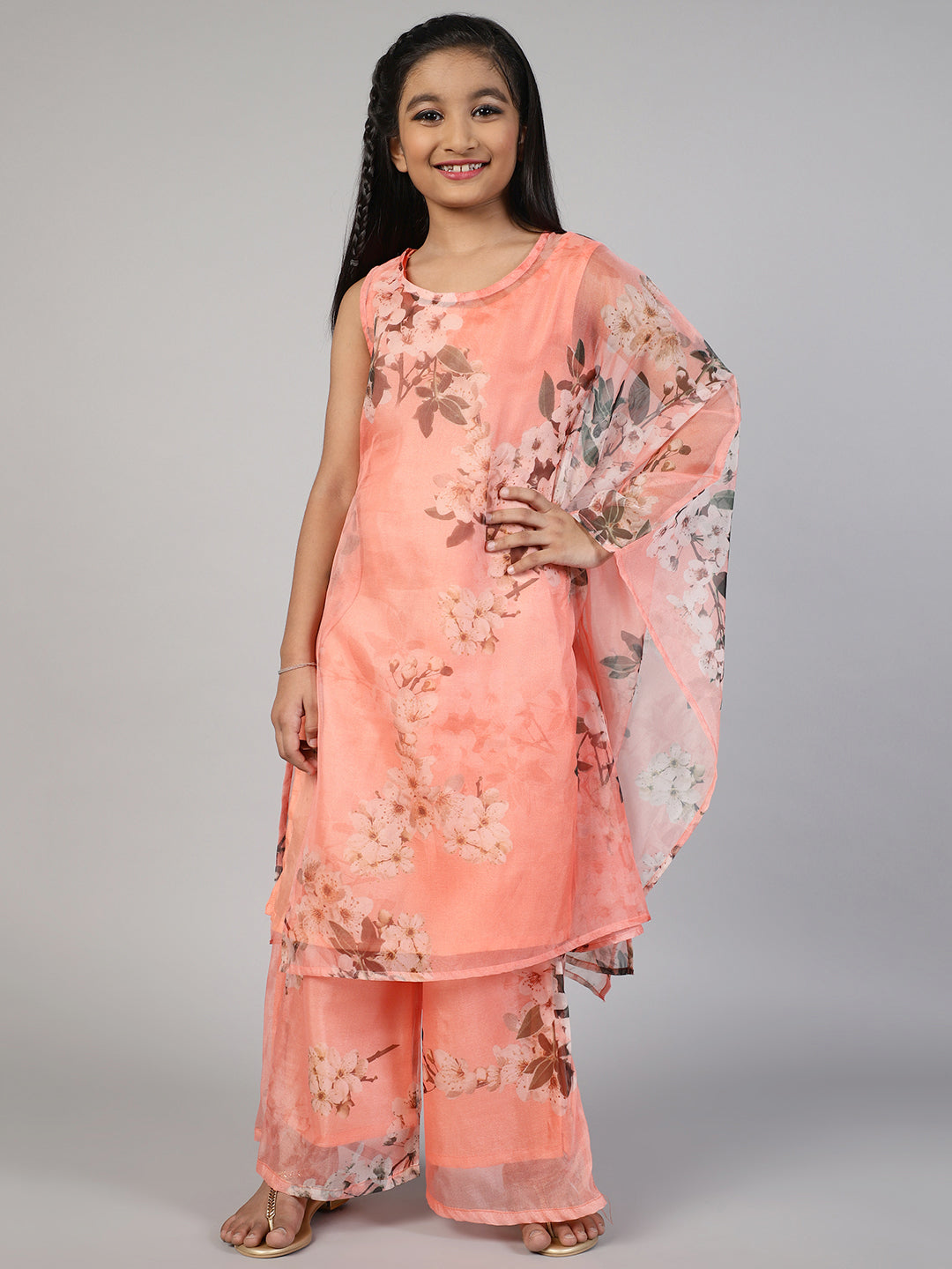 Organza Floral Printed Straight Kurta & Palazzo Set For Girls - Aks Girls