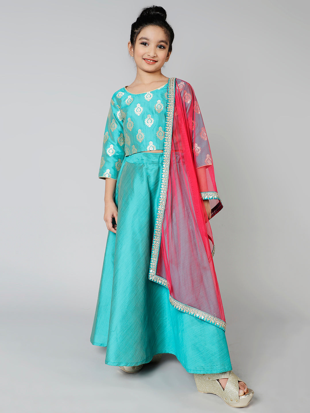 Silk Woven Design Lehenga & Blouse Set For Girls With Dupatta - Aks Girls