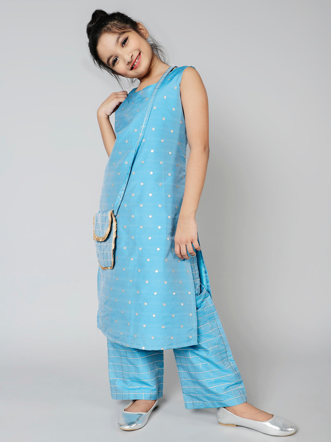 Silk Woven Design Straight Kurta & Palazzo Set For Girls - Aks Girls