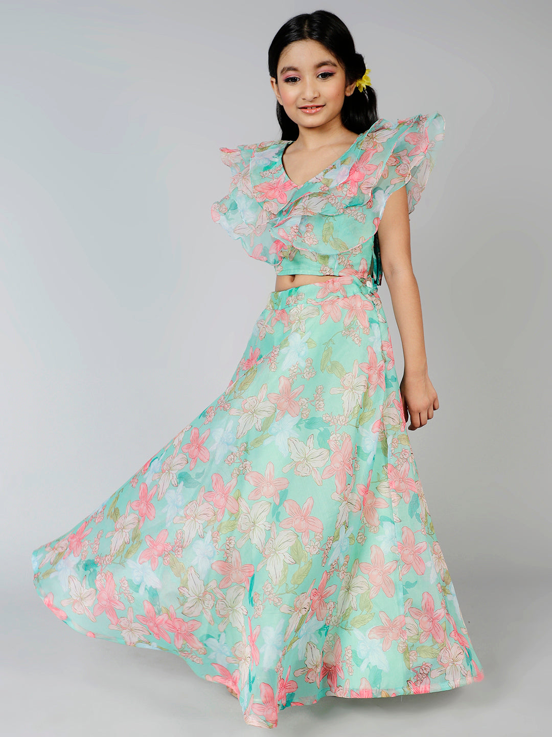 Organza Floral Printed Lehenga & Blouse Set For Girls - Aks Girls