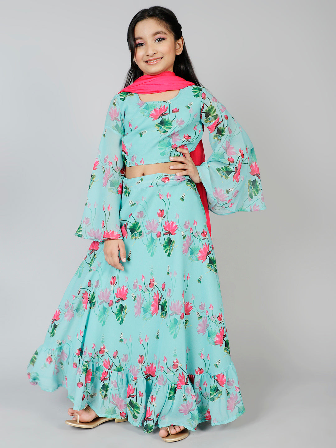 Georgette Floral Printed Lehenga & Blouse Set For Girls With Dupatta - Aks Girls