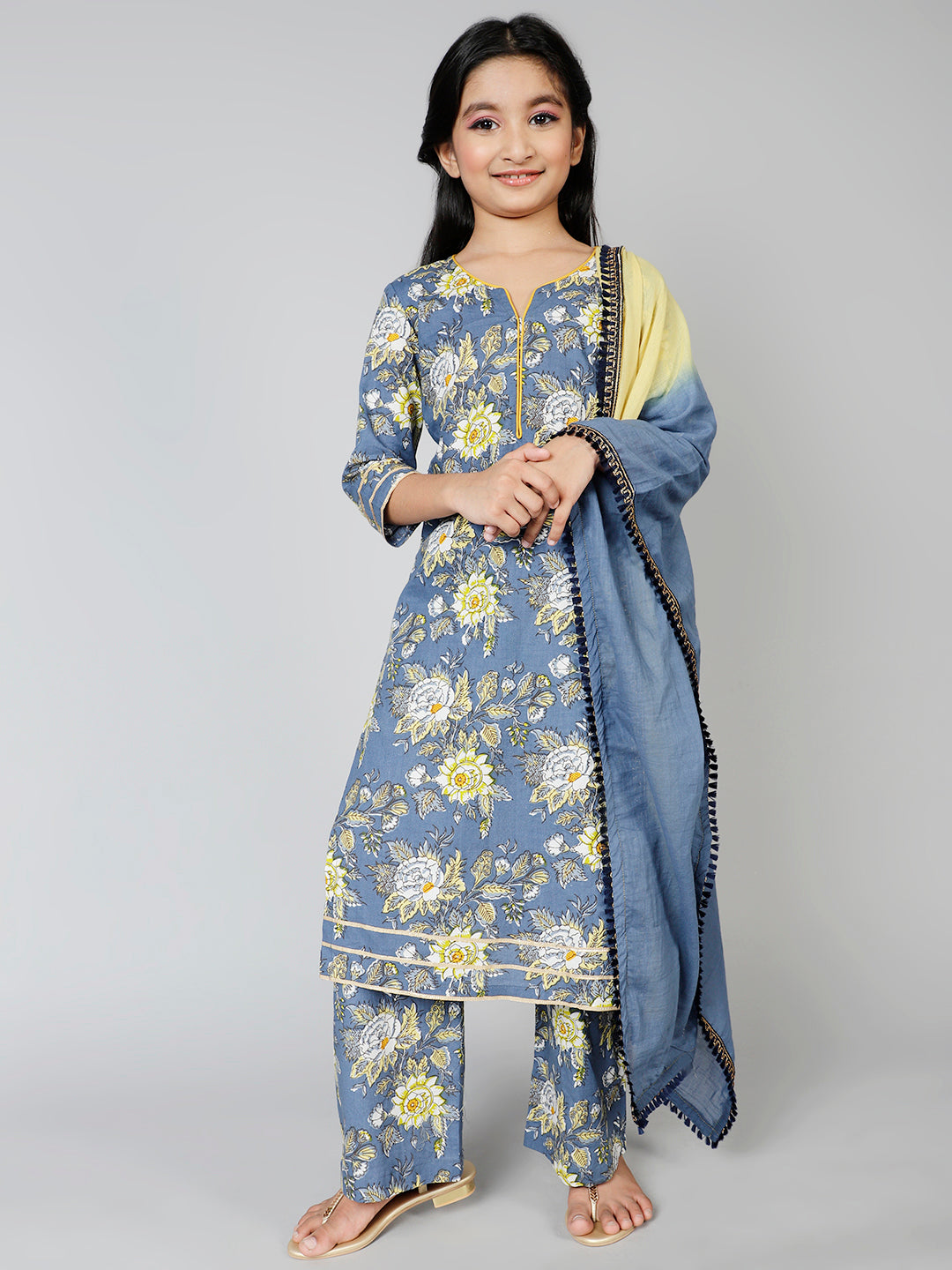 Cotton Floral Printed Straight Kurta & Palazzo Set For Girls With Dupatta - Aks Girls