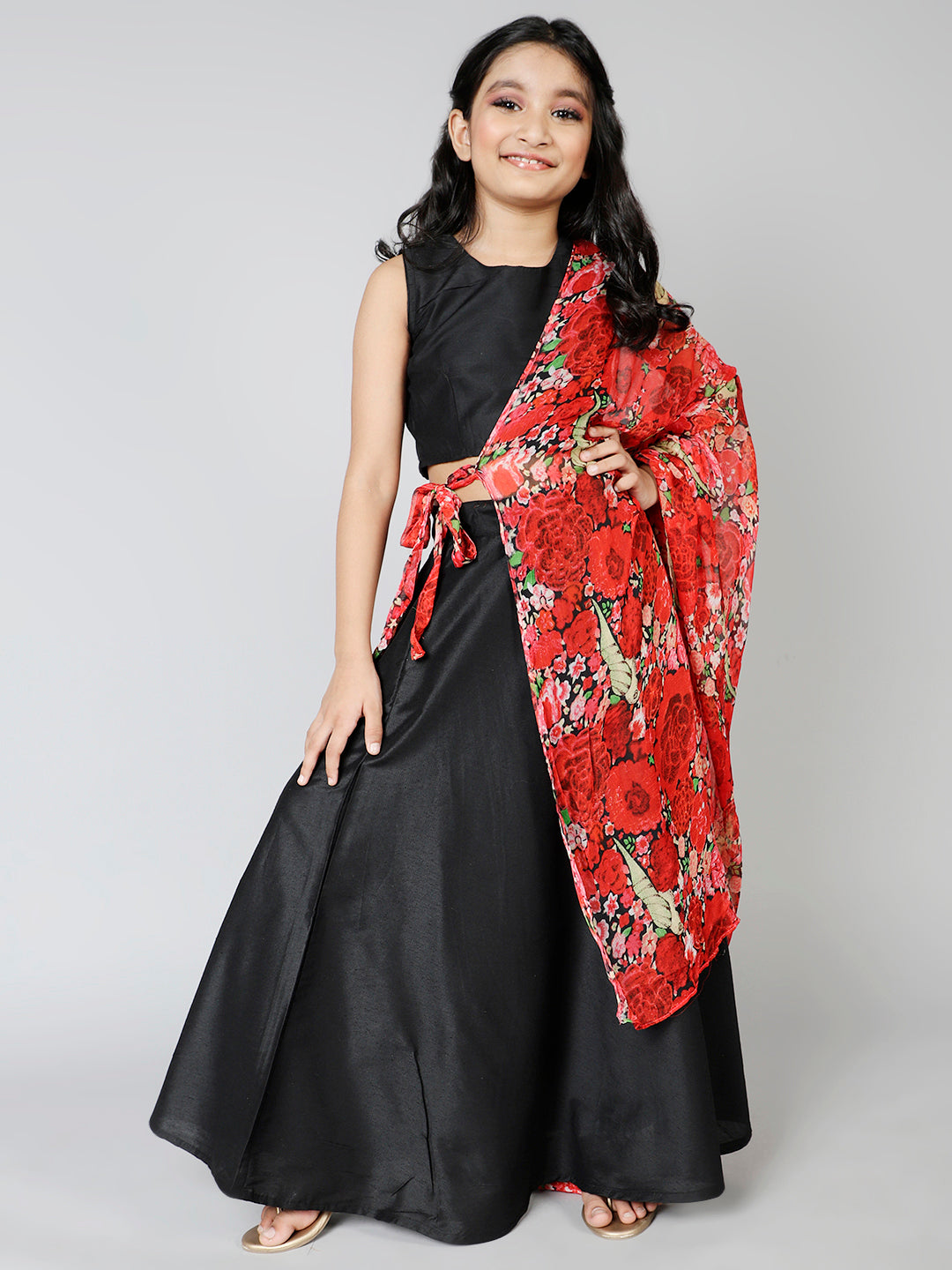 Silk Blend Solid Lehenga & Blouse Set For Girls With Dupatta - Aks Girls