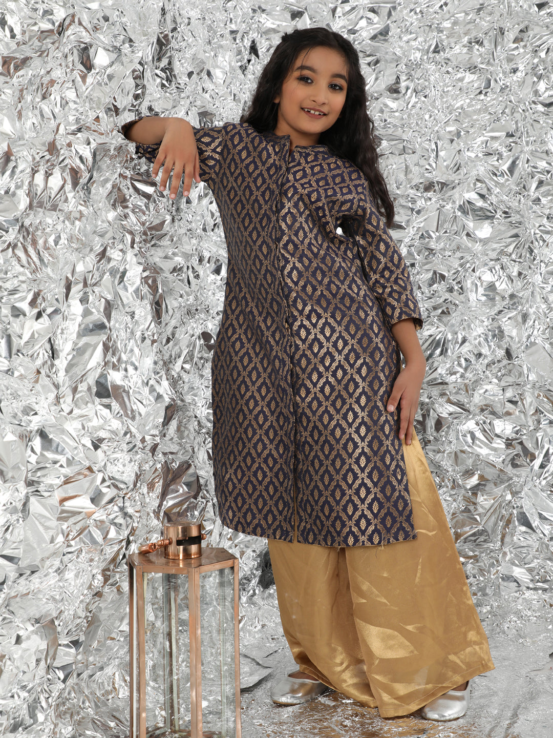 Silk Woven Design Straight Kurta & Palazzo Set For Girls - Aks Girls