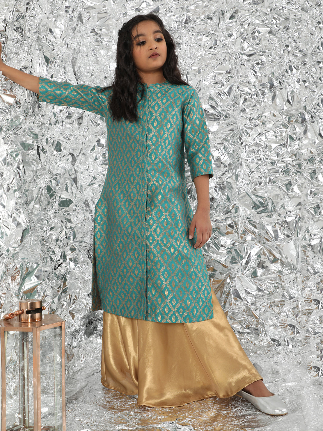 Silk Woven Design Straight Kurta & Skirt Set For Girls - Aks Girls