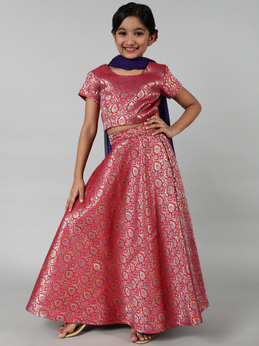 Silk Woven Design Printed Lehenga & Blouse Set For Girls With Dupatta - Aks Girls